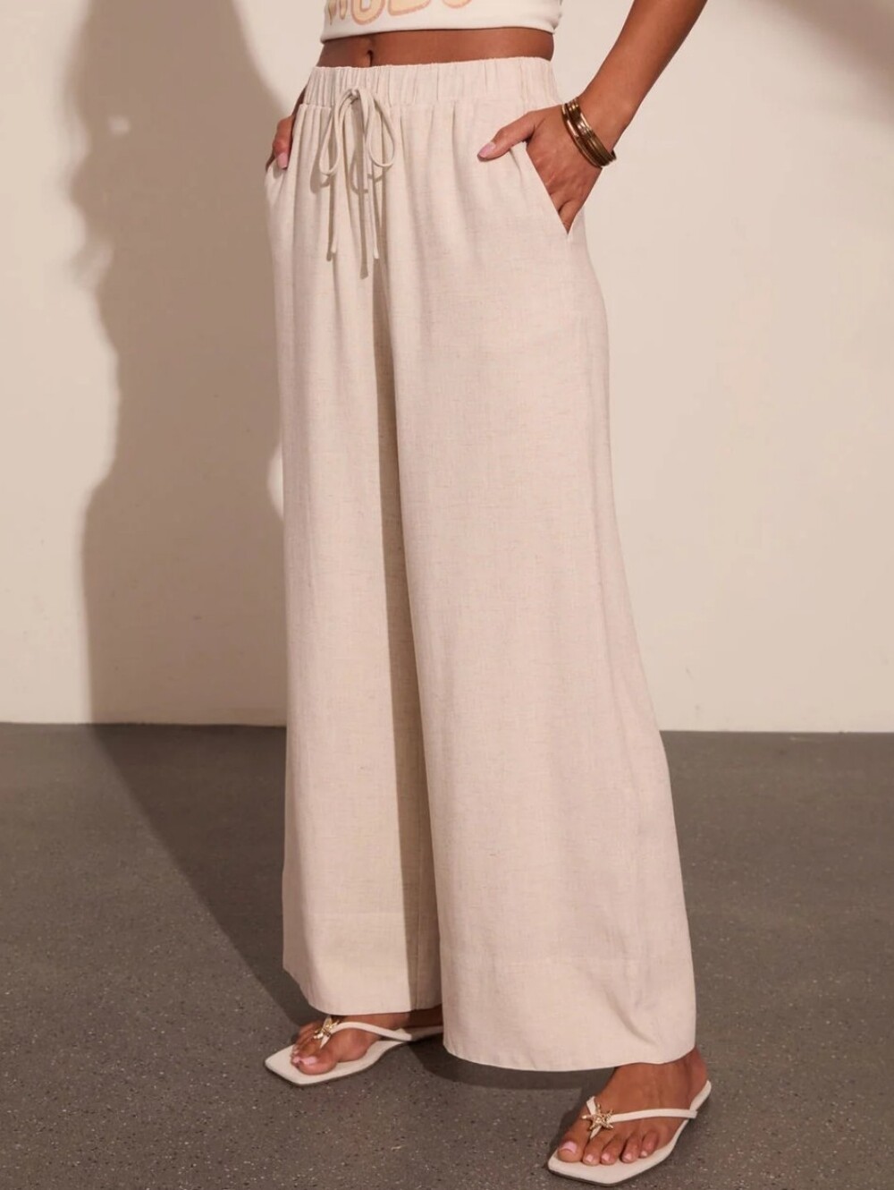 Vici Cream Lightweight Wide-Leg Drawstring Pants XL